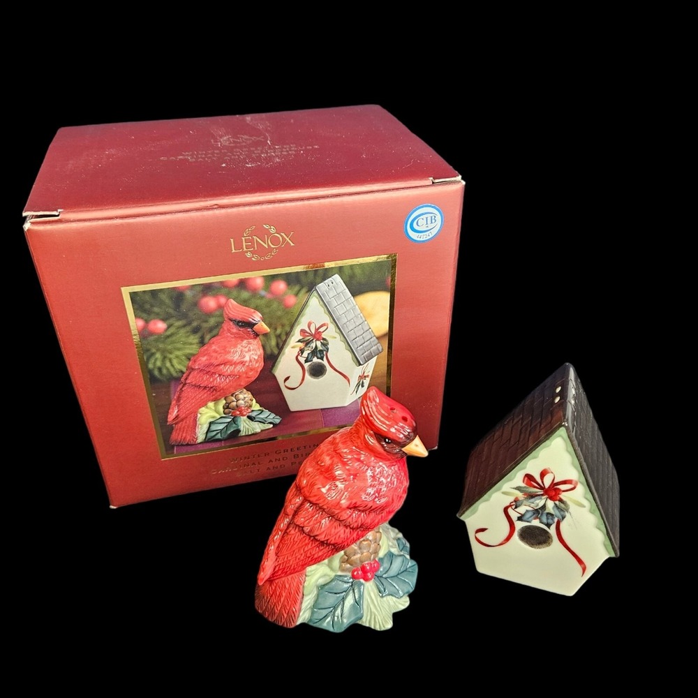 Lenox Winter Greetings Salt Pepper Shakers Cardinal Birdhouse Figural With Box
